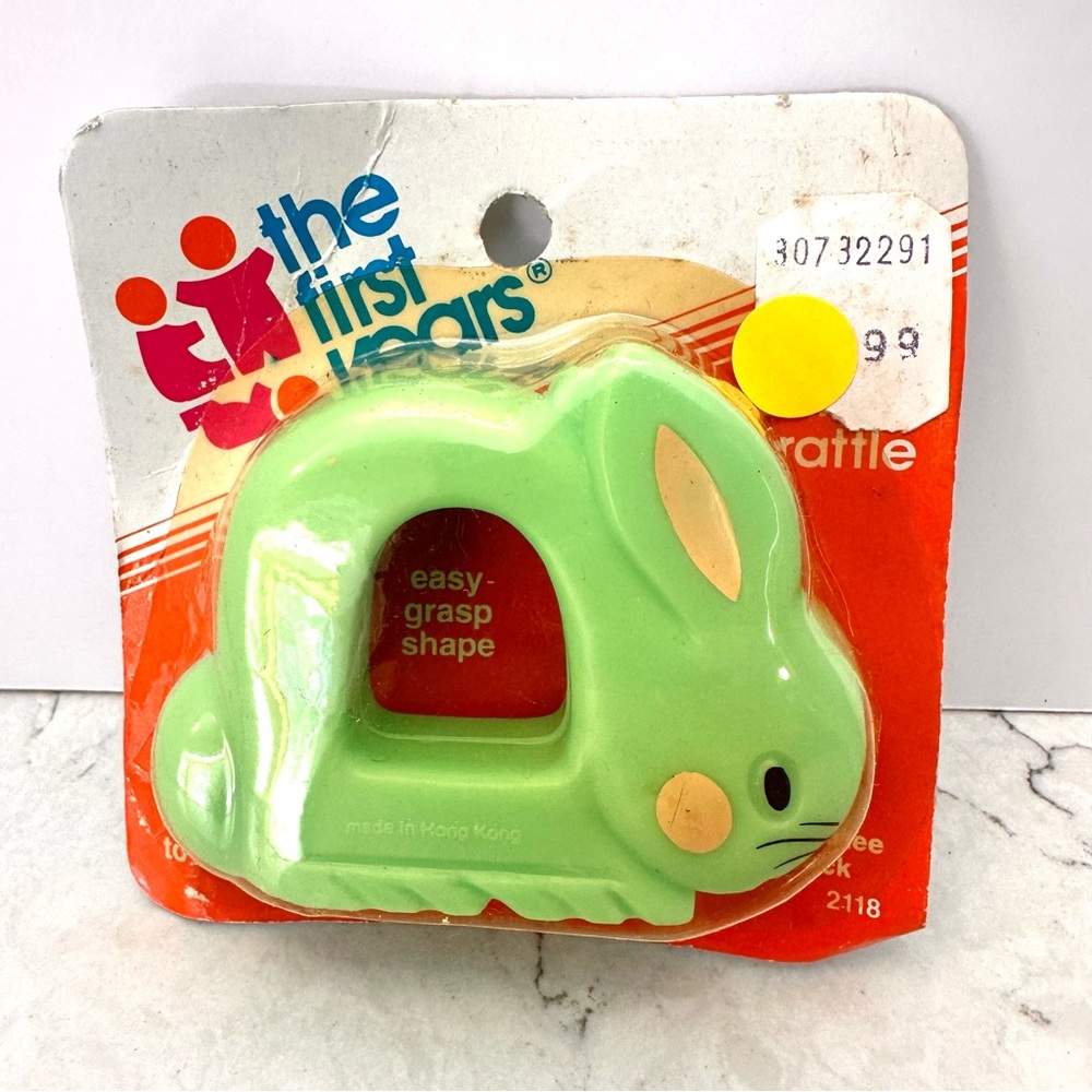 NWT Vintage 1986 The First Years Green Bunny Baby Rattle Chew Toy Package Damage